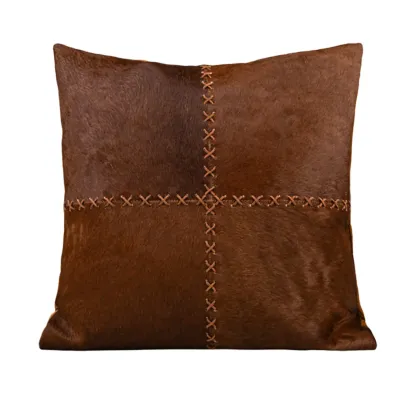 Mid Century Modern Brown Genuine Leather Throw Pillow Image - 4