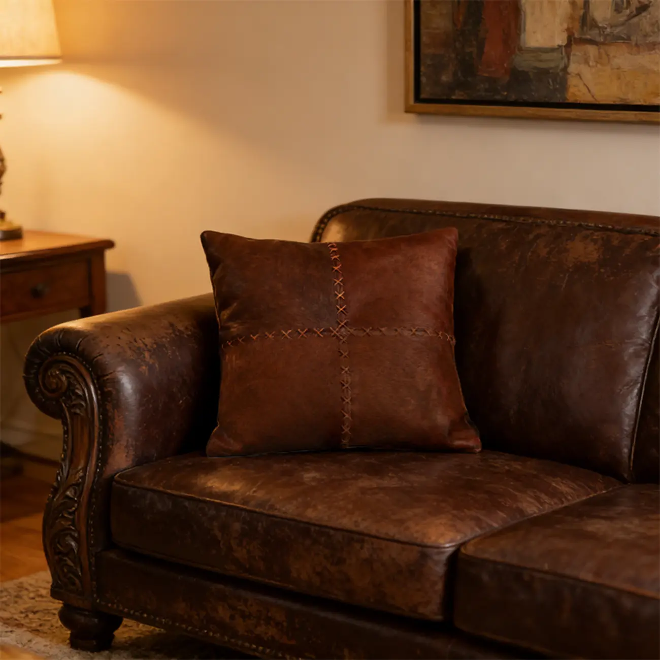 Mid Century Modern Brown Genuine Leather Throw Pillow Image - 2 | homeyfad