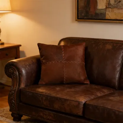 Mid Century Modern Brown Genuine Leather Throw Pillow Image - 2