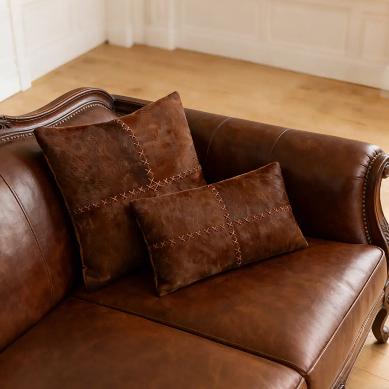 Mid Century Modern Brown Genuine Leather Throw Pillow Image - 1 | homeyfad