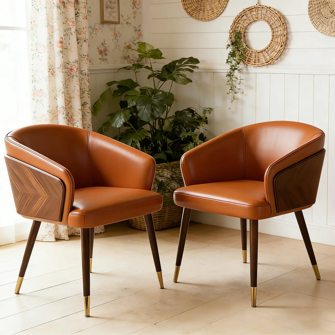 Modern Armrest Faux Leather Wood Dining Chair Low Back Image - 1 | homeyfad