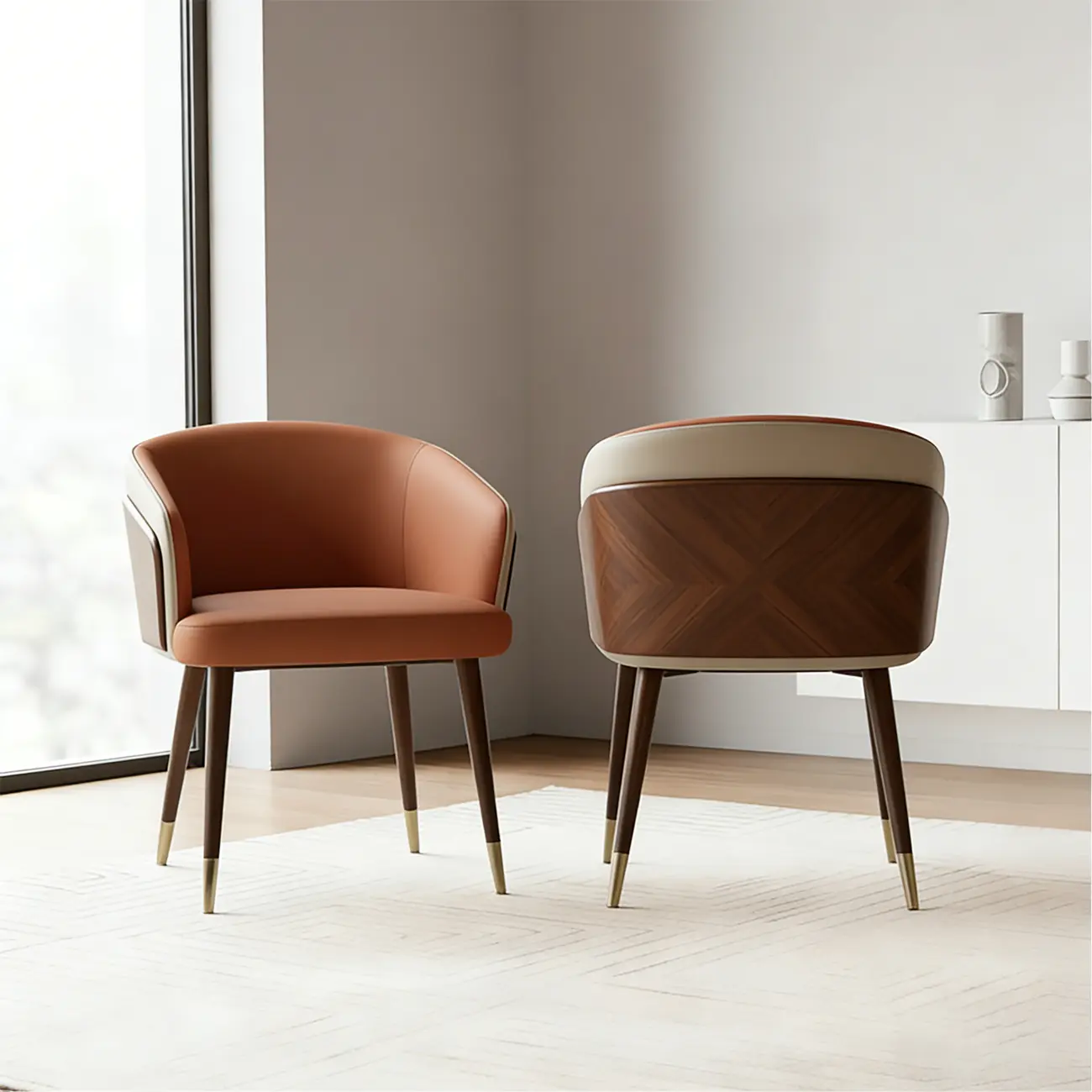 Modern Armrest Faux Leather Wood Dining Chair Low Back Image - 4 | homeyfad