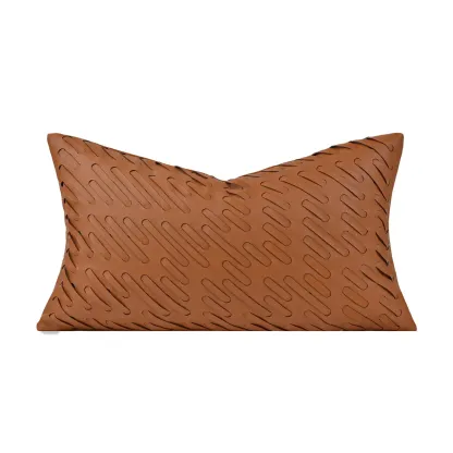 Mid Century Modern Faux Leather Brown Rectangular Pillow Image - 3