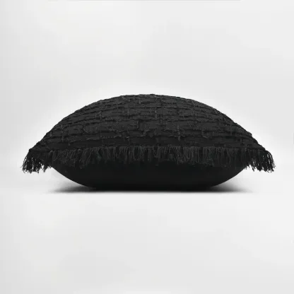 Black Minimalist Cut Cotton Tassel Square Throw Pillow Image - 5