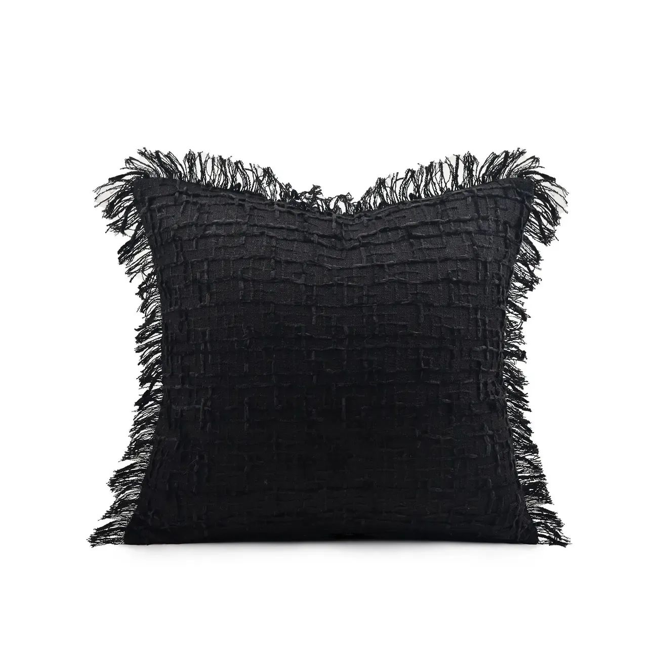 Black Minimalist Cut Cotton Tassel Square Throw Pillow Image - 3