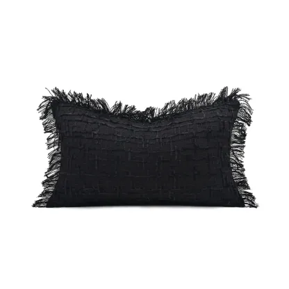 Black Modern Cotton Tassel Rectangular Throw Pillows Image - 3