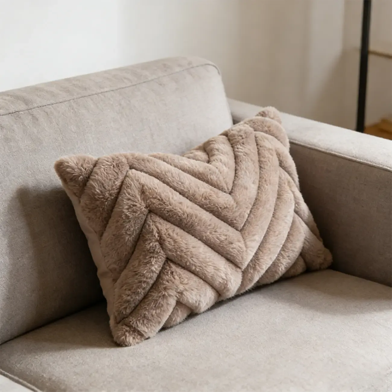 Scandinavian Plush Villus Chevron Textured Lumbar Pillow Image - 1