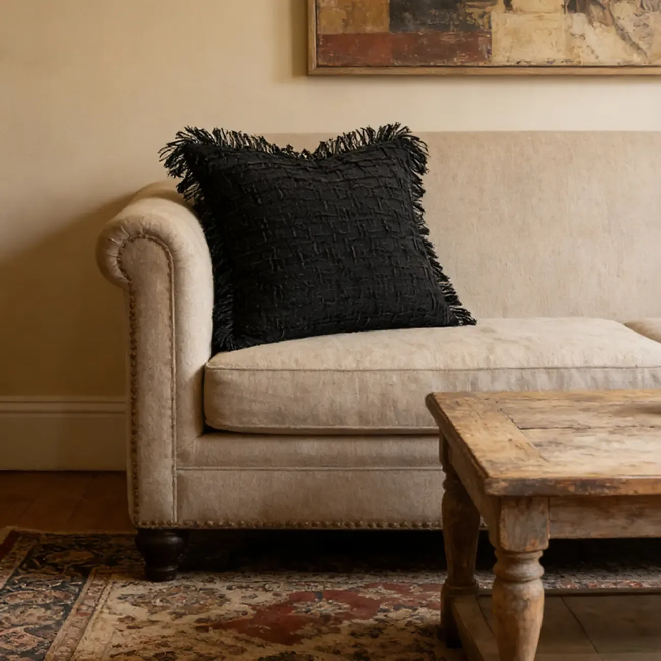 Black Minimalist Cut Cotton Tassel Square Throw Pillow Image - 2