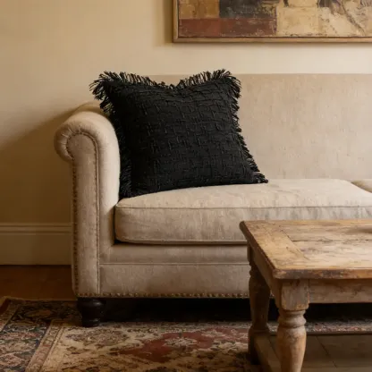 Black Minimalist Cut Cotton Tassel Square Throw Pillow Image - 2