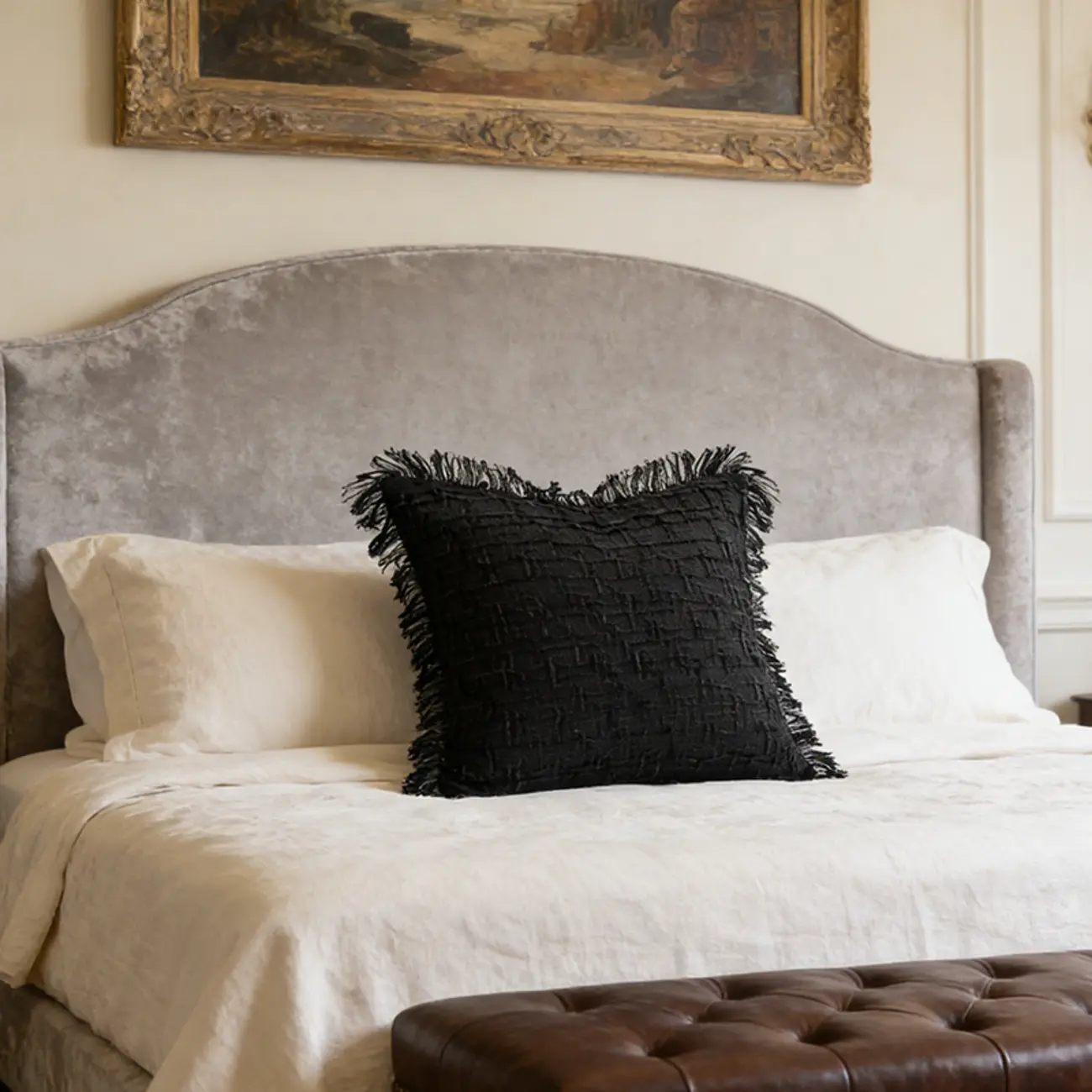 Black Minimalist Cut Cotton Tassel Square Throw Pillow Image - 1 | homeyfad