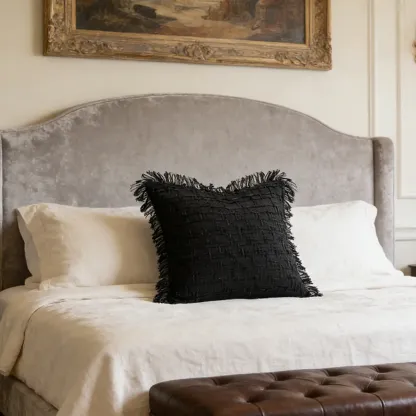 Black Minimalist Cut Cotton Tassel Square Throw Pillow Image - 1