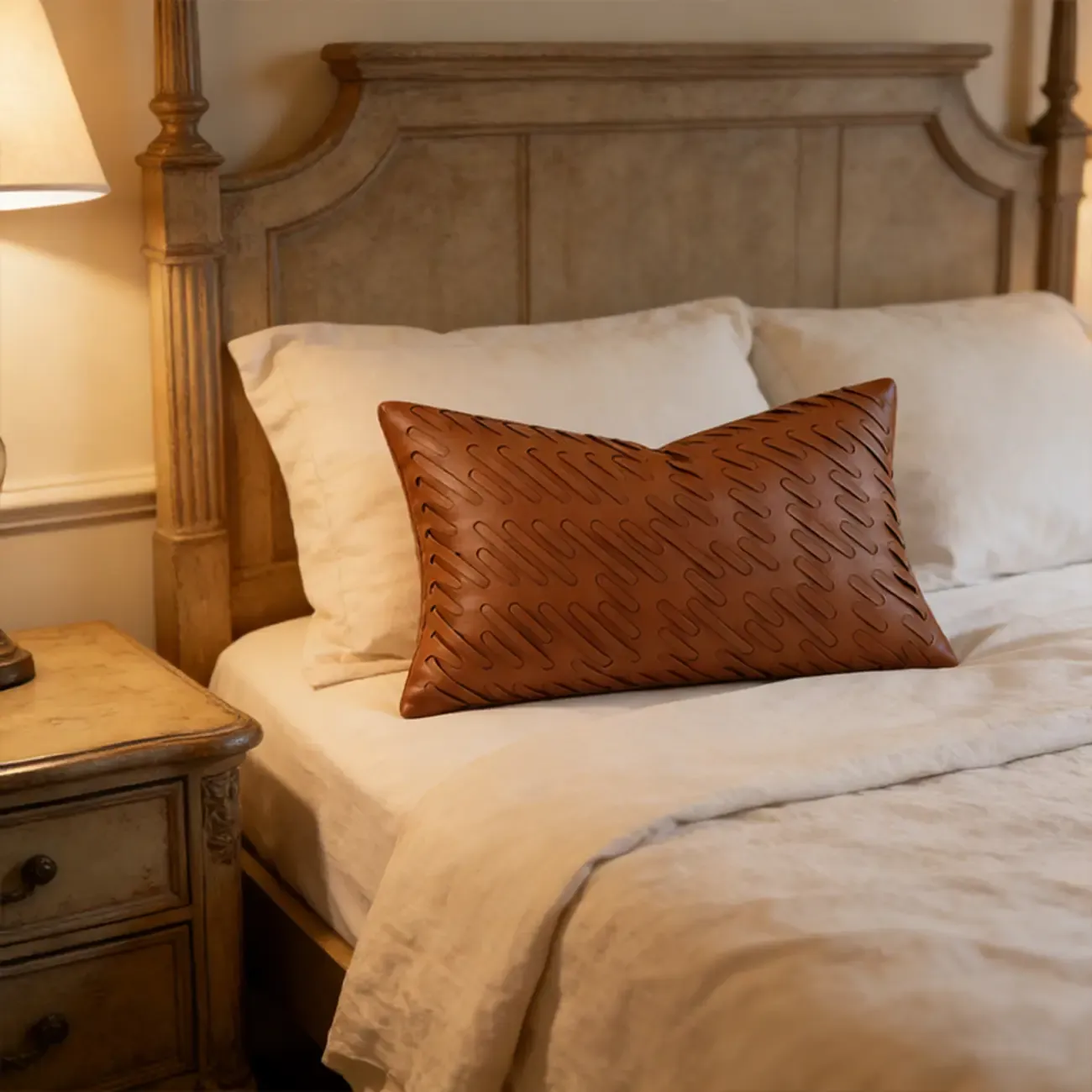 Mid Century Modern Faux Leather Brown Rectangular Pillow Image - 2