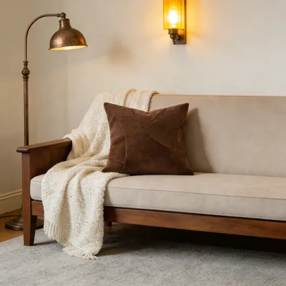 Contemporary Microsuede Brown Square Pillow Geometric Pattern Image - 2