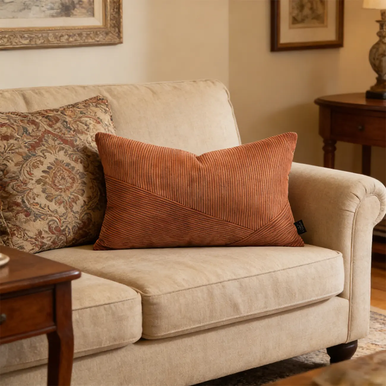 Elegant Stripe Velvet Orange Rectangular Pillow For Couch Image - 1 | homeyfad