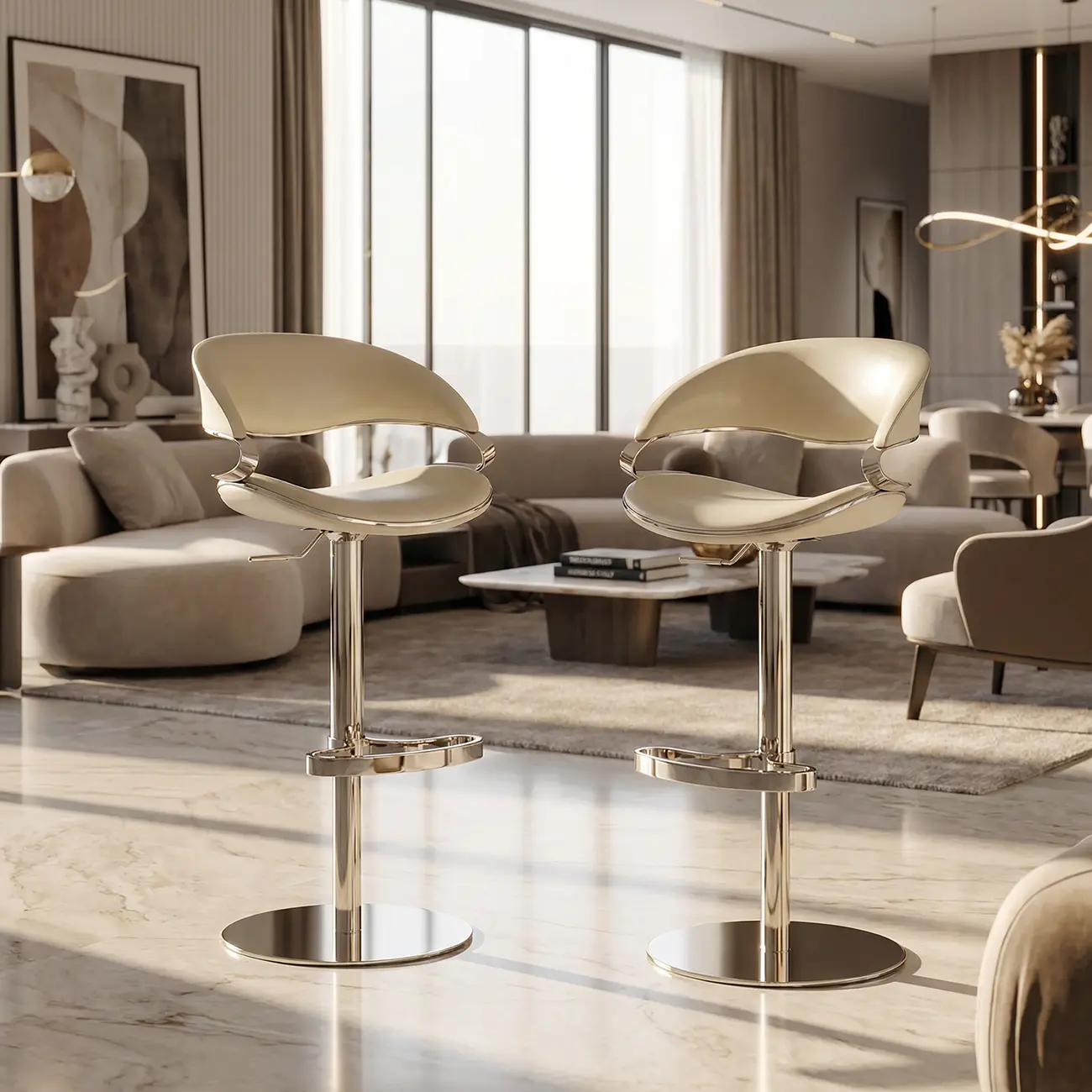 Glam Adjustable Height Swivel Geniue Leather Bar Stools Image - 6 | homeyfad