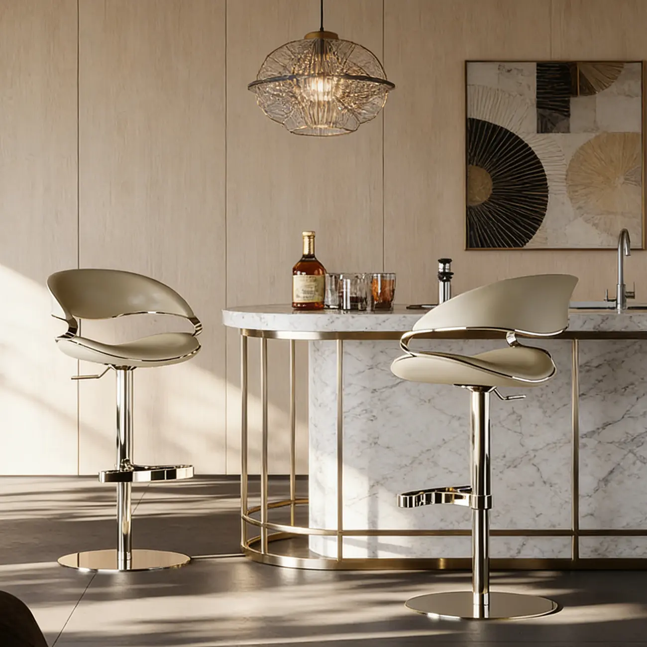 Glam Adjustable Height Swivel Geniue Leather Bar Stools Image - 2 | homeyfad