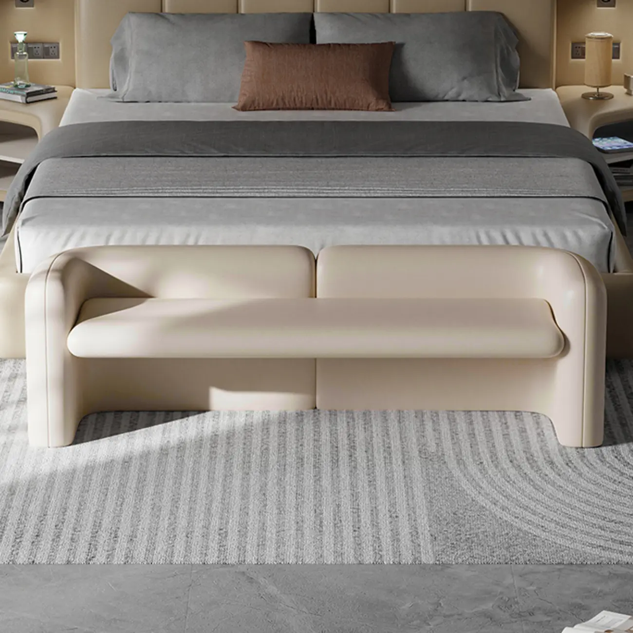 Cushioned Modern Short Genuine Leather Bedroom Bench Image - 2 | homeyfad