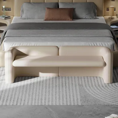 Cushioned Modern Short Genuine Leather Bedroom Bench Image - 2