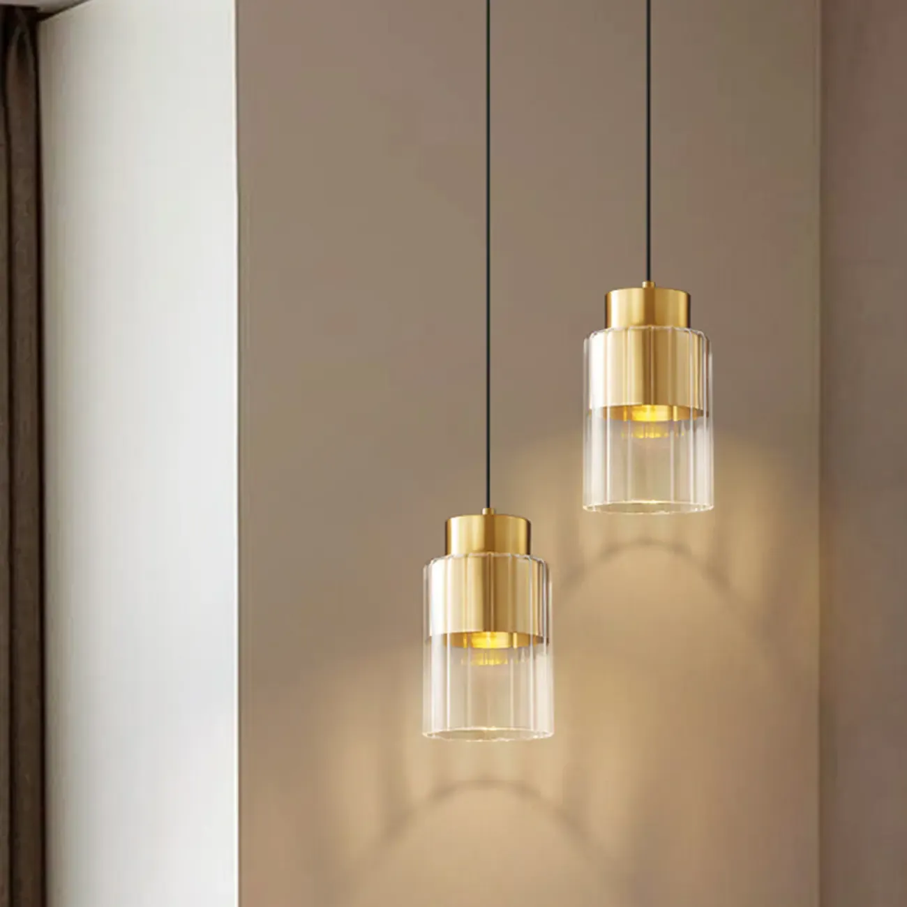 Minimalist Brass Clear Glass Cylinder Hanging Pendant Light  Image - 1