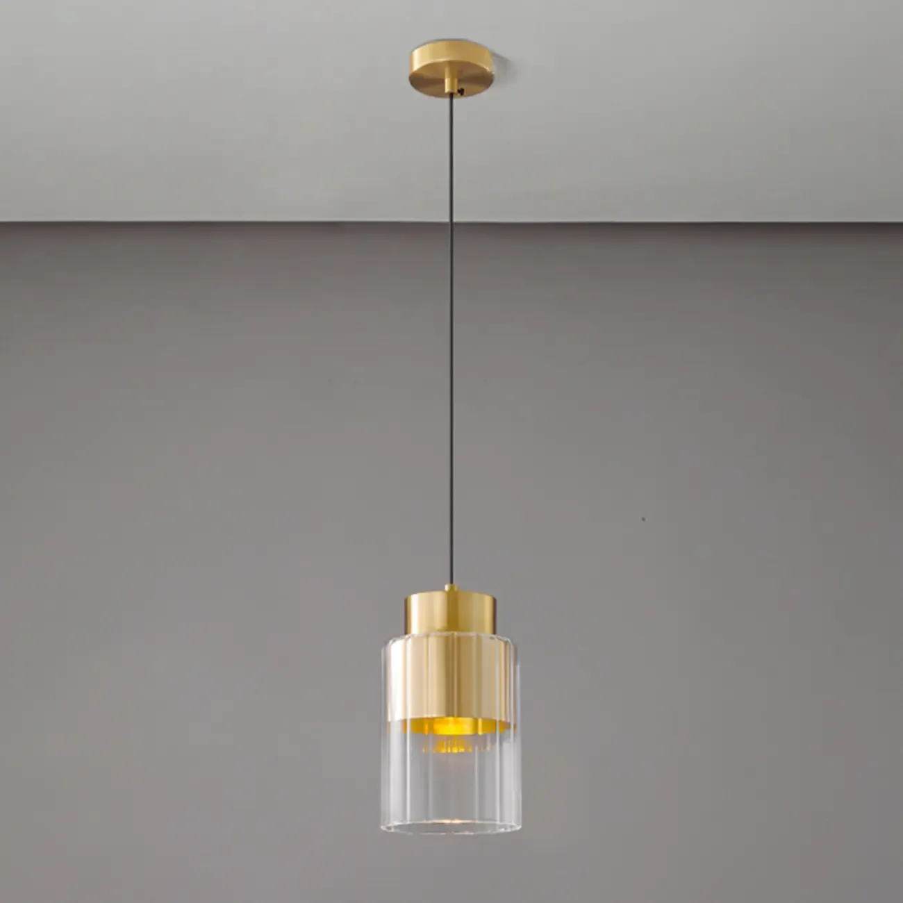 Minimalist Brass Clear Glass Cylinder Hanging Pendant Light  Image - 2