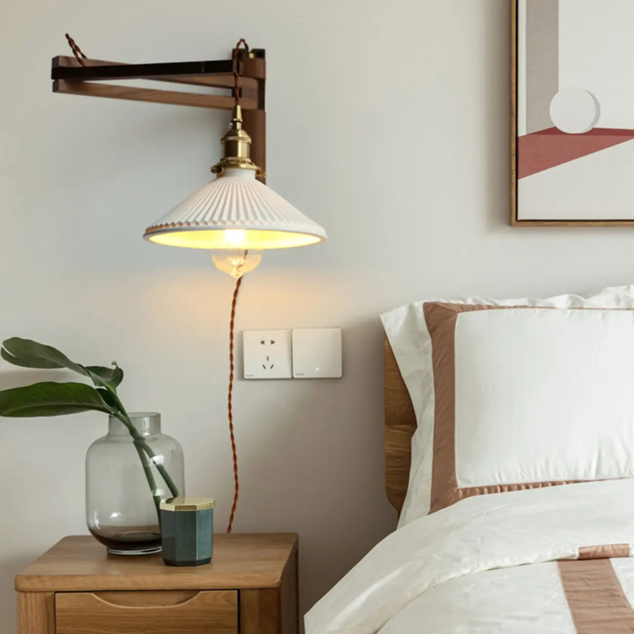 Vintage Wood Natural Plug-In Swing Arm Wall Light Image - 4 | homeyfad