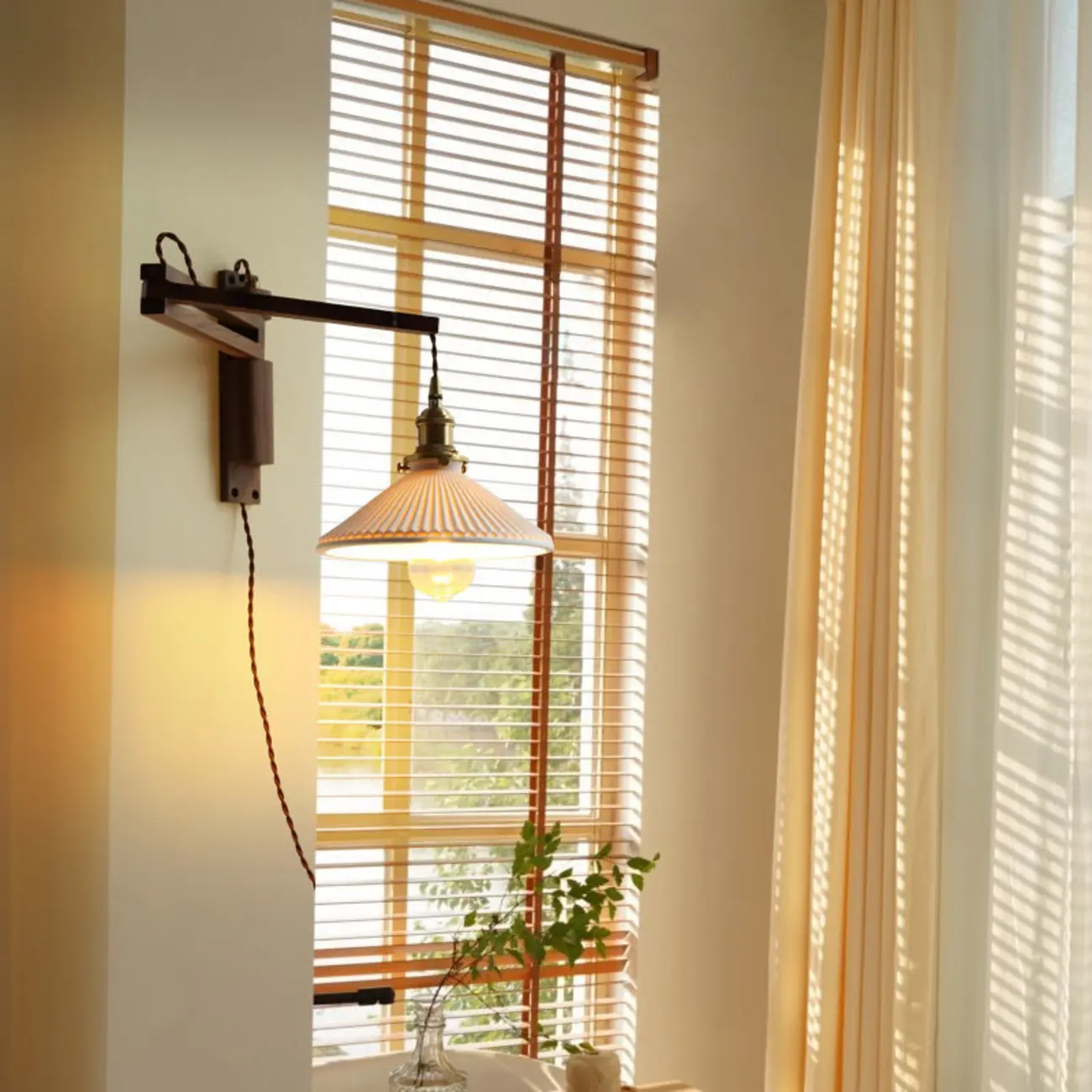 Vintage Wood Natural Plug-In Swing Arm Wall Light Image - 3 | homeyfad