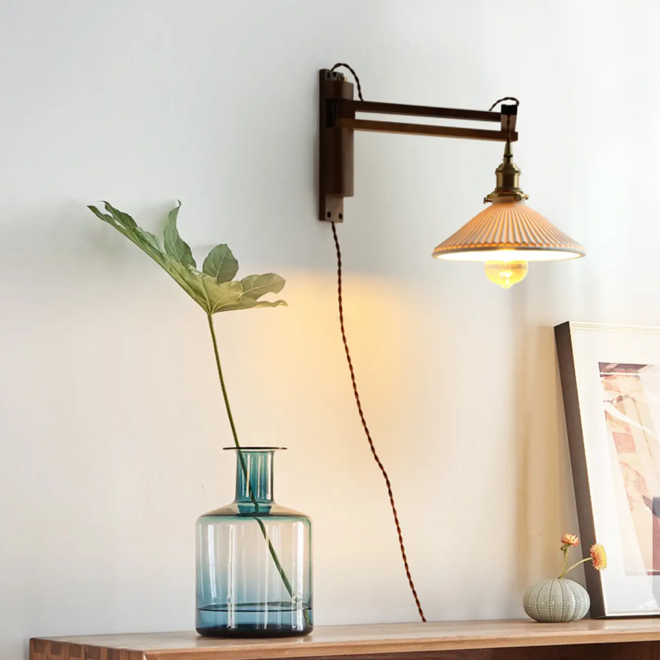 Vintage Wood Natural Plug-In Swing Arm Wall Light Image - 6 | homeyfad