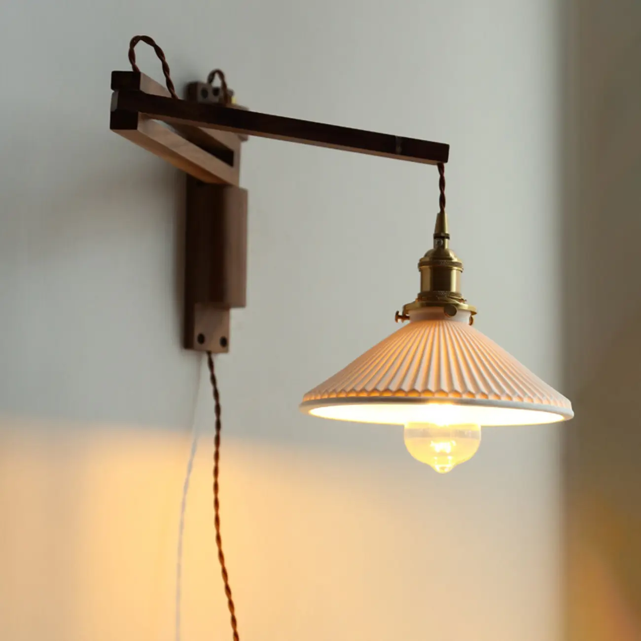 Vintage Wood Natural Plug-In Swing Arm Wall Light Image - 8 | homeyfad
