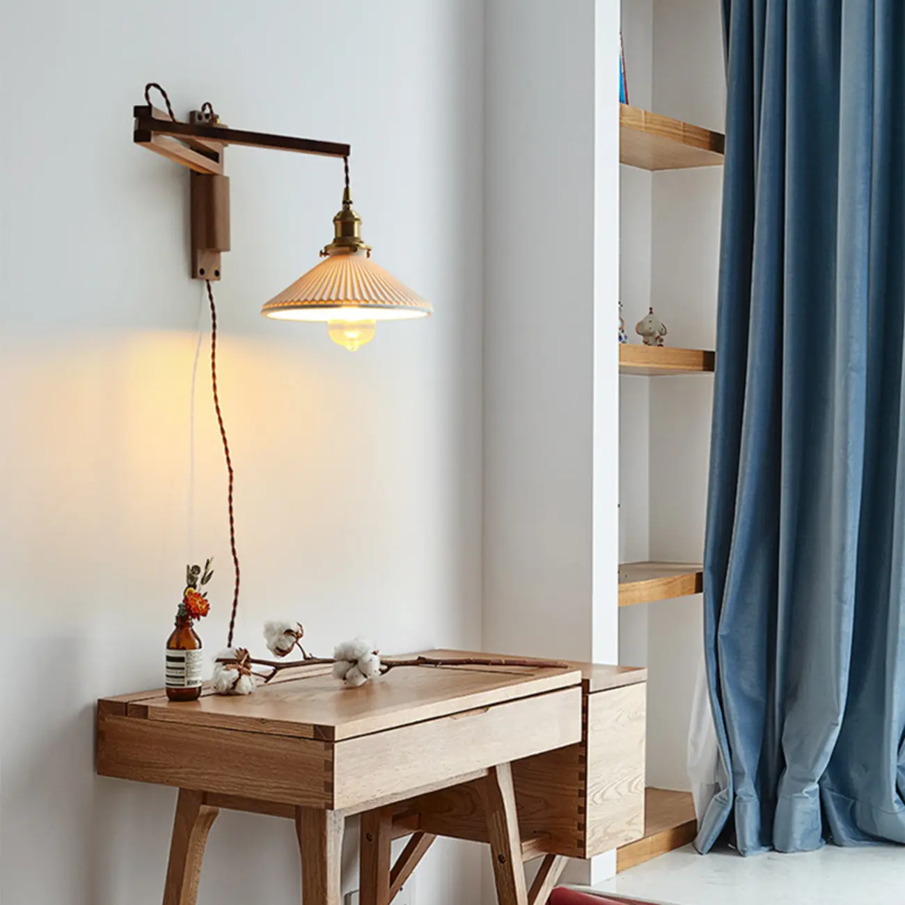 Vintage Wood Natural Plug-In Swing Arm Wall Light Image - 14 | homeyfad