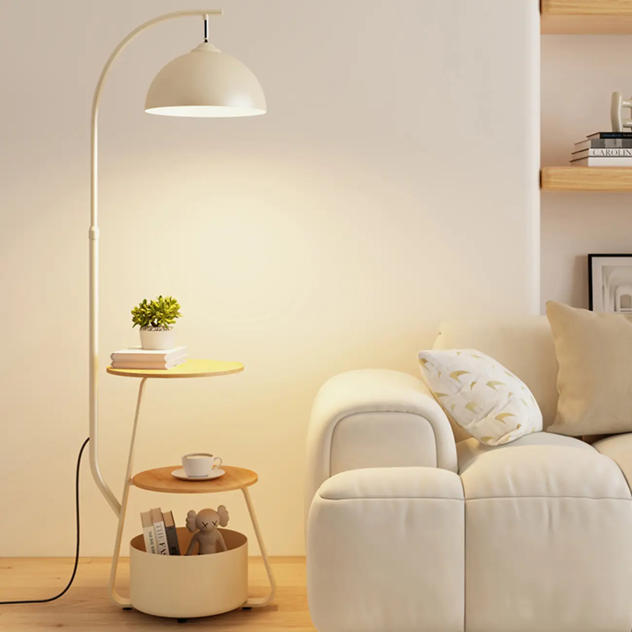 Arc Modern Cream Iron Bowl Floor Lamp with Shelf Image - 1 | homeyfad