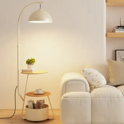 Arc Modern Cream Iron Bowl Floor Lamp with Shelf Image - 1
