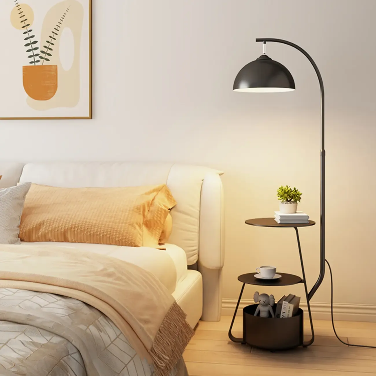 Arc Modern Cream Iron Bowl Floor Lamp with Shelf Image - 2