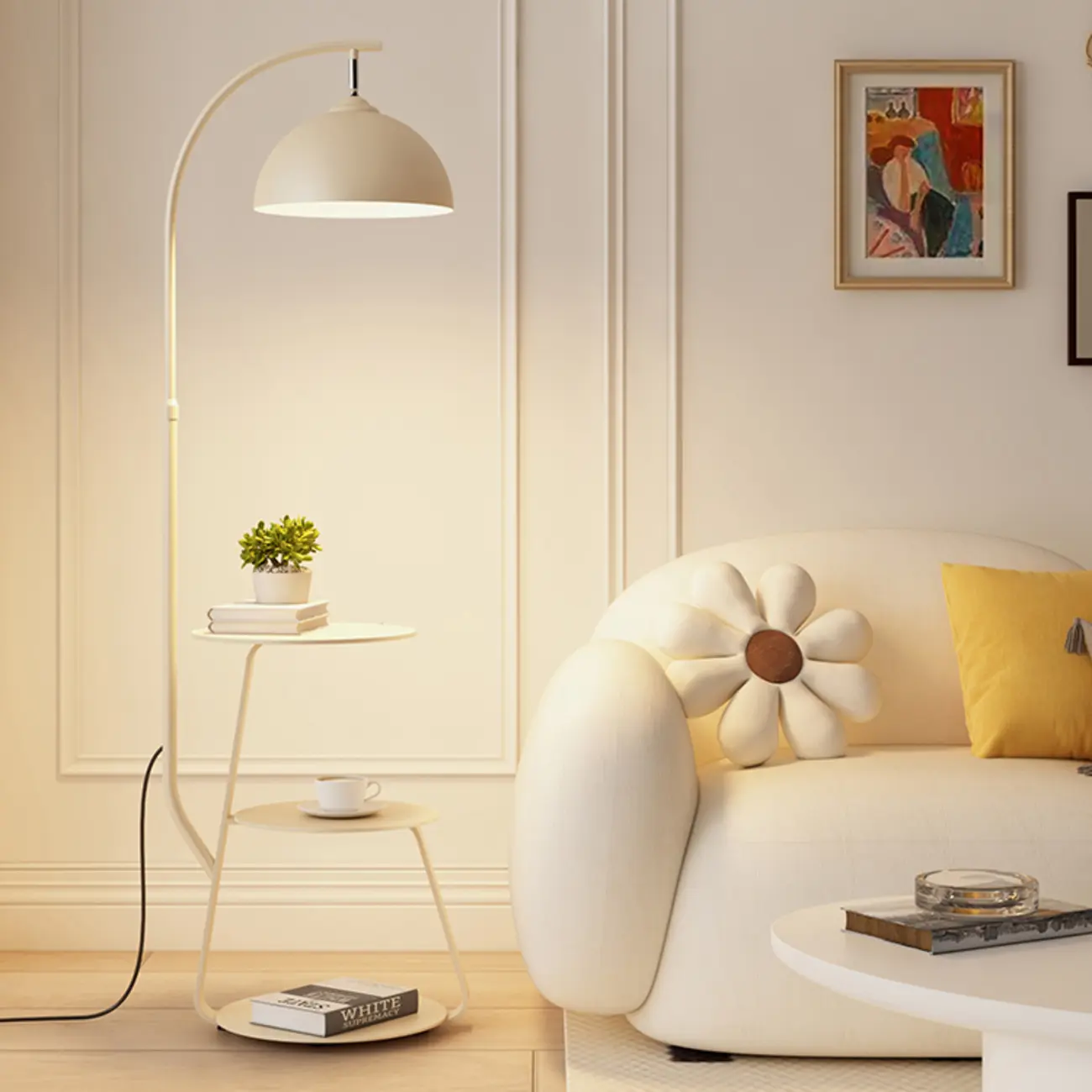 Arc Modern Cream Iron Bowl Floor Lamp with Shelf Image - 3 | homeyfad