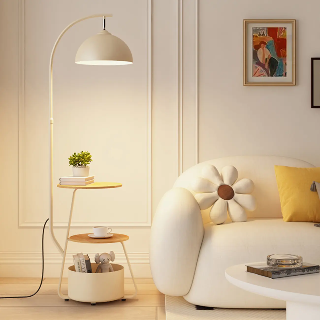 Arc Modern Cream Iron Bowl Floor Lamp with Shelf Image - 4 | homeyfad