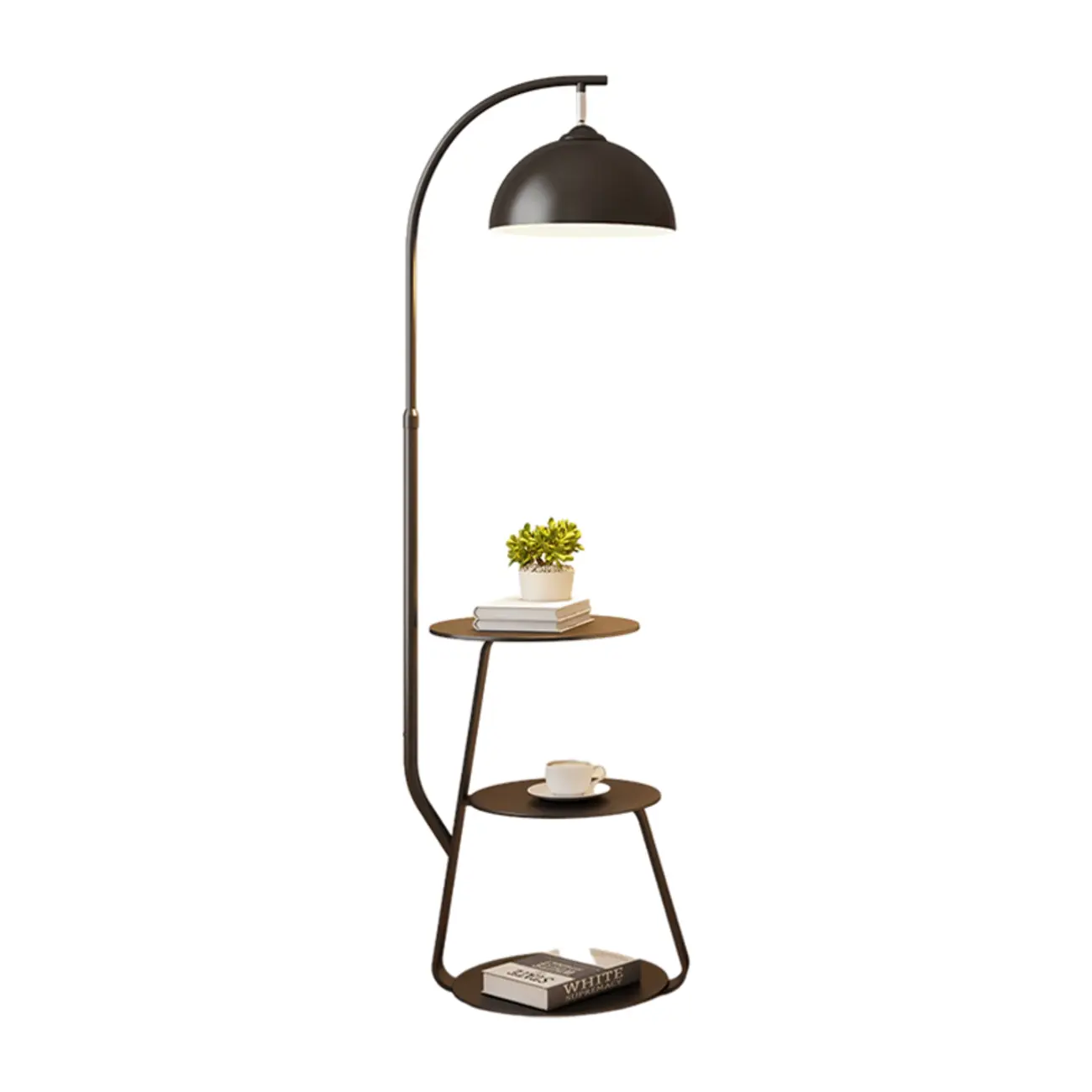 Arc Modern Cream Iron Bowl Floor Lamp with Shelf Image - 5 | homeyfad