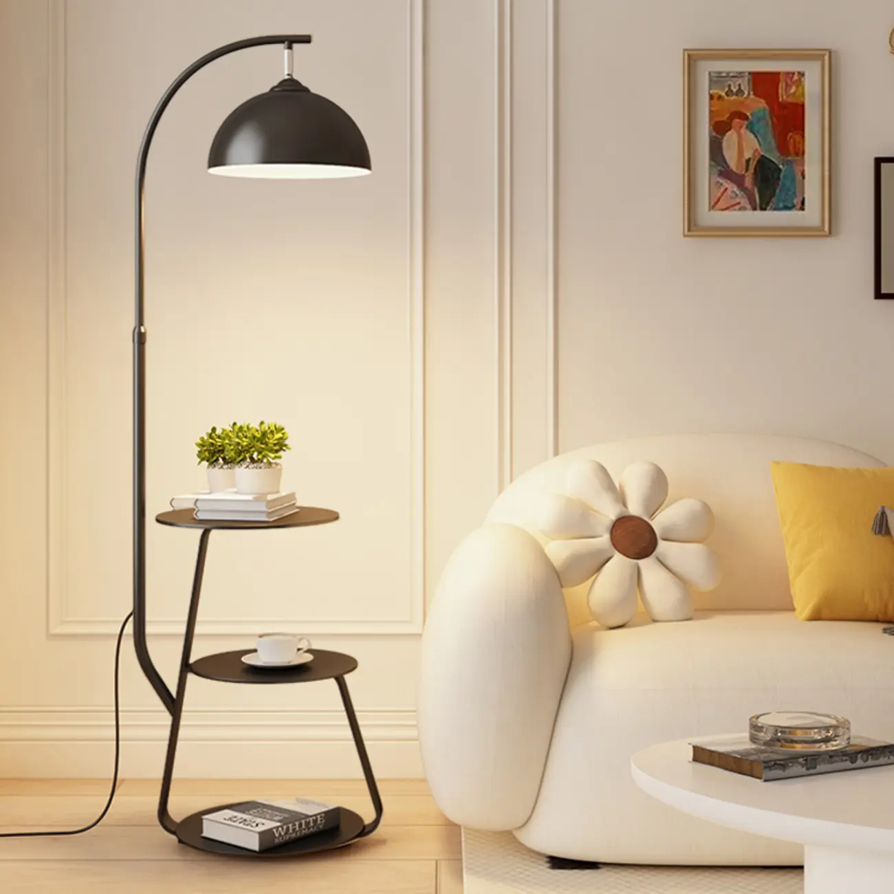Arc Modern Cream Iron Bowl Floor Lamp with Shelf Image - 10 | homeyfad