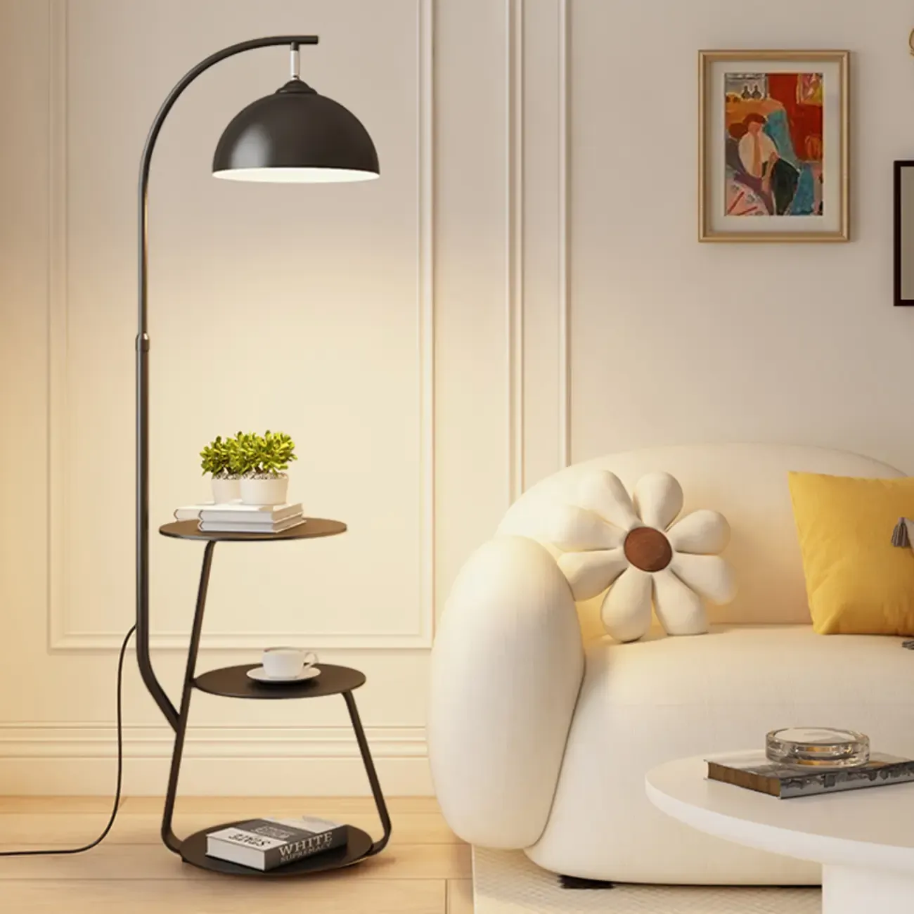 Arc Modern Cream Iron Bowl Floor Lamp with Shelf Image - 10
