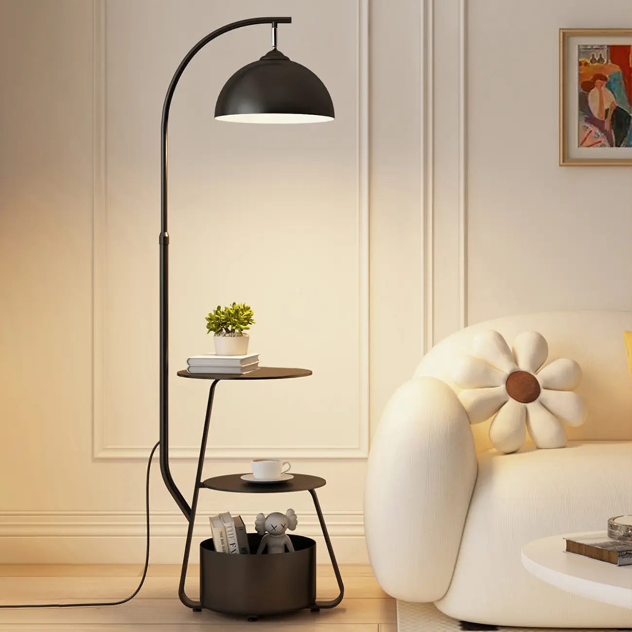 Arc Modern Cream Iron Bowl Floor Lamp with Shelf Image - 11 | homeyfad