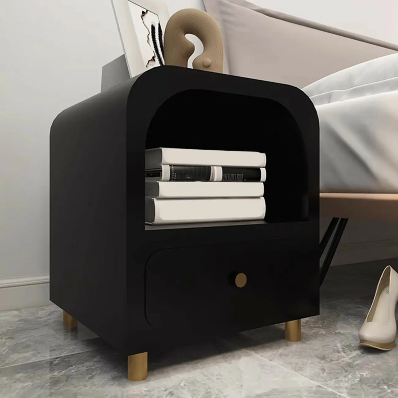 Modern Manufactured Wood Arc Shelf Drawer Nightstand Image - 2 | homeyfad