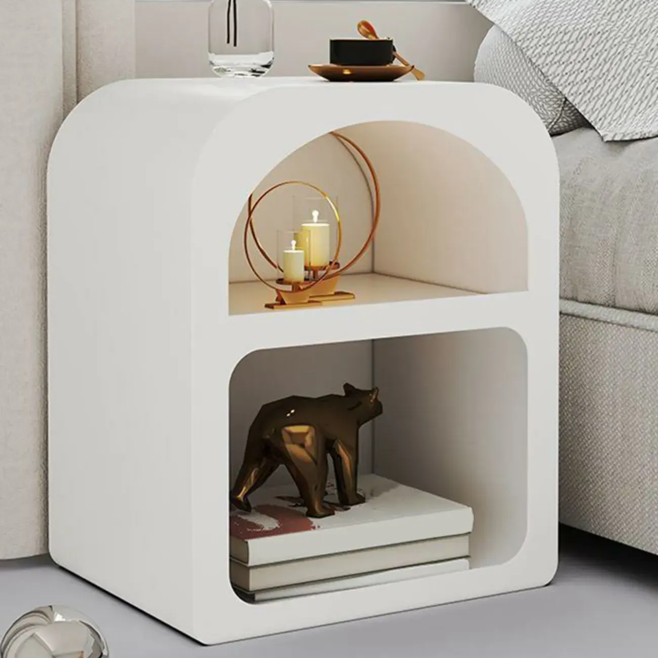 Modern Manufactured Wood Arc Shelf Drawer Nightstand Image - 3