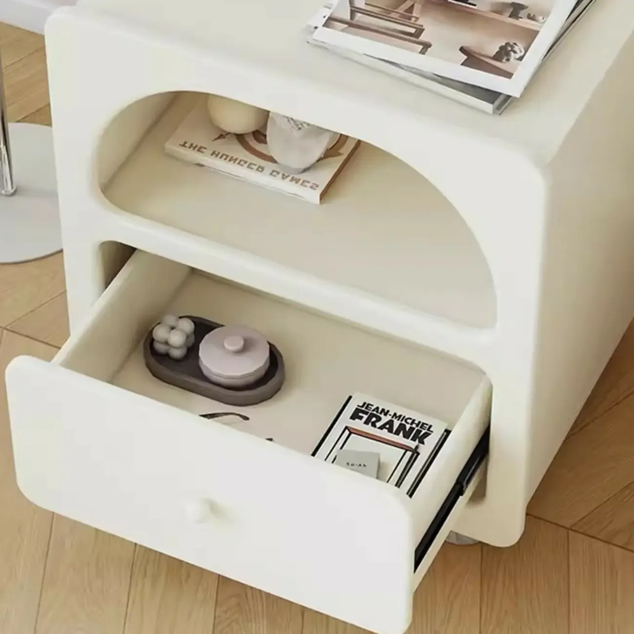 Modern Manufactured Wood Arc Shelf Drawer Nightstand Image - 11