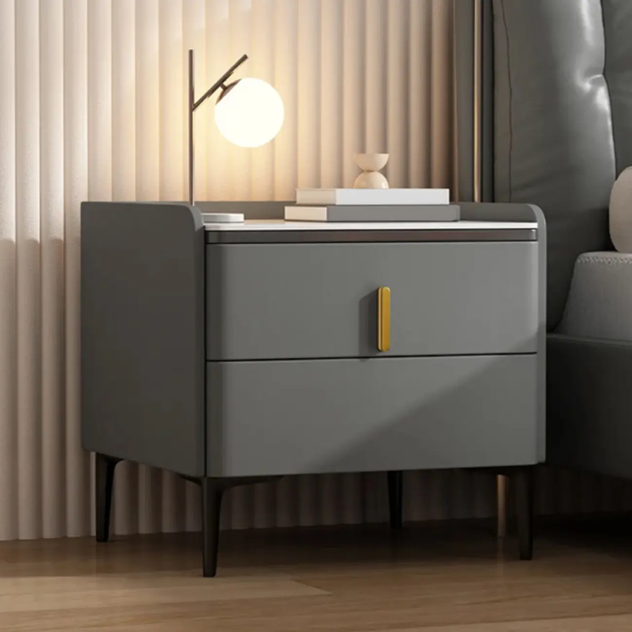 Modern Pine Faux Marble Top 2-Drawer Nightstand Image - 2 | homeyfad