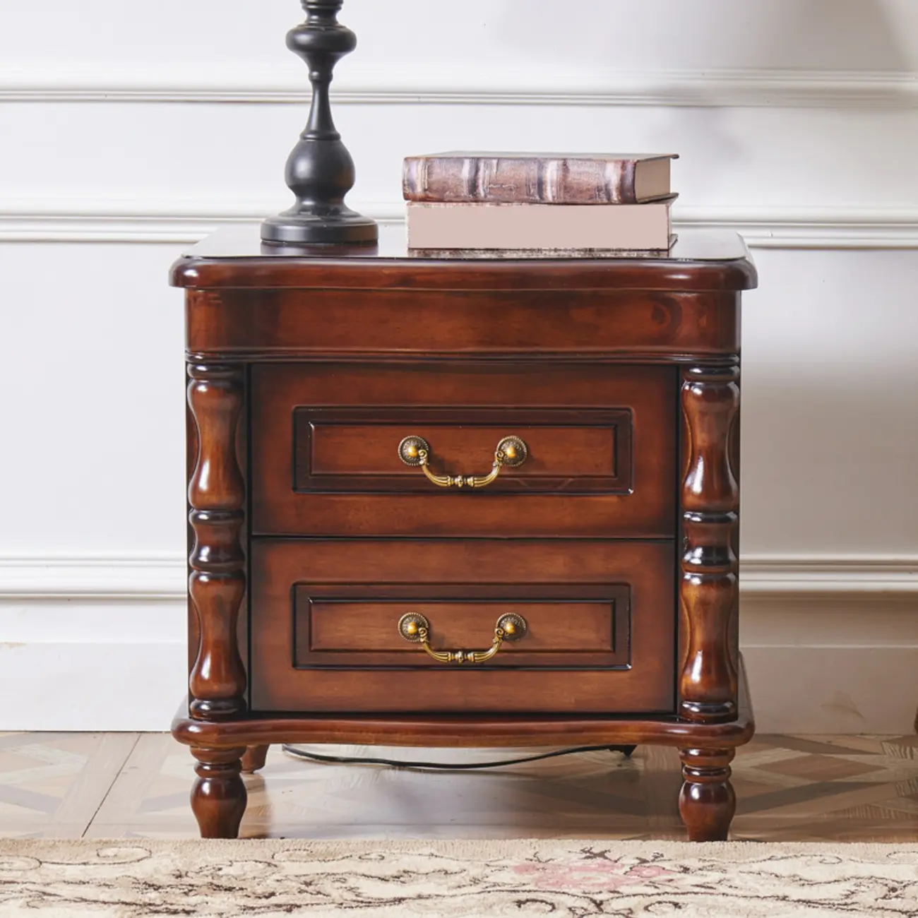 Victorian Brown 2-Drawer Wood Nightstand for Bedroom Image - 1 | homeyfad