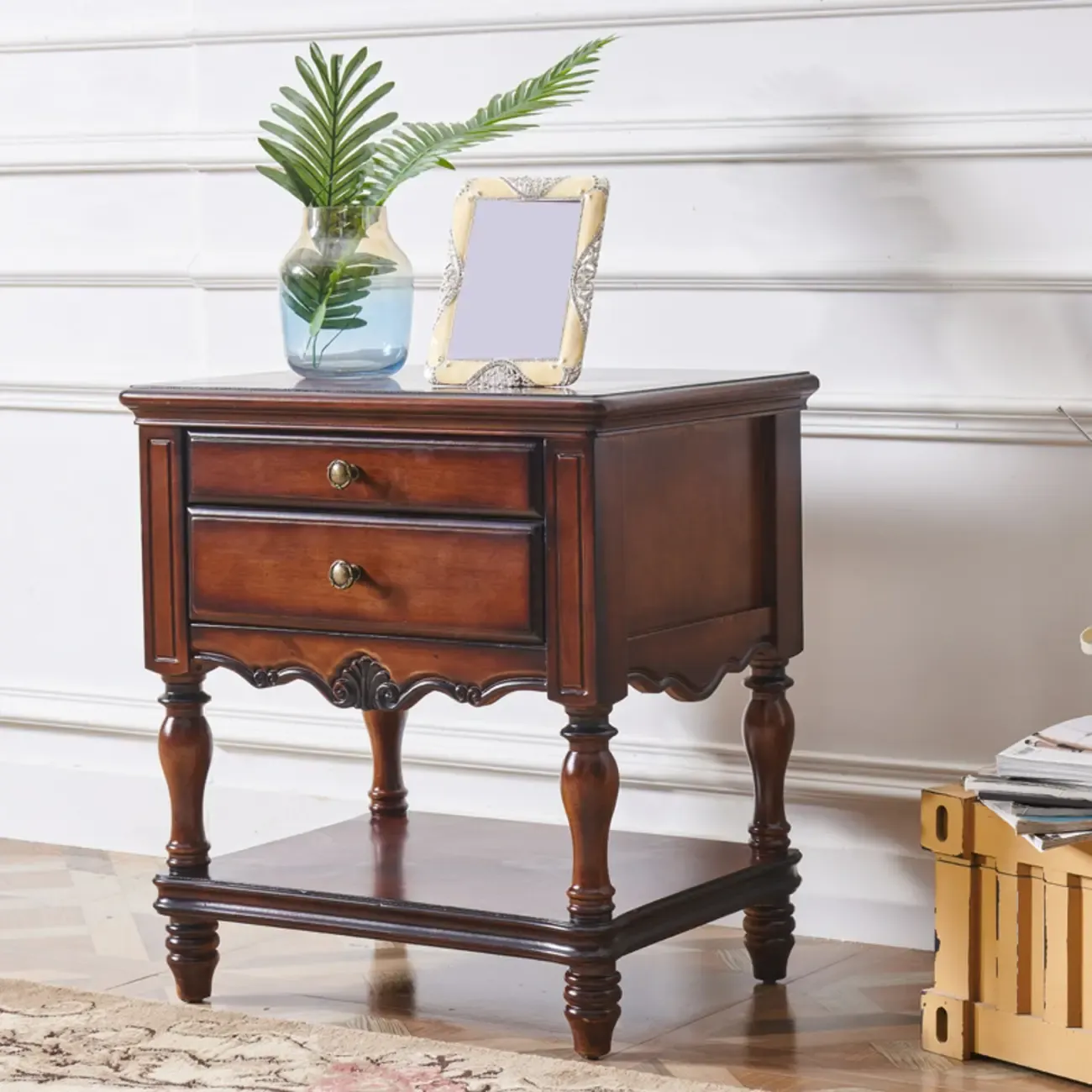 Victorian Brown 2-Drawer Wood Nightstand for Bedroom Image - 5