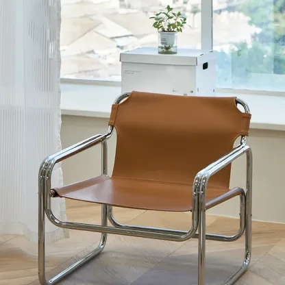 Industrial Leather Accent Chair with Metal Frame for Living Room Image - 2