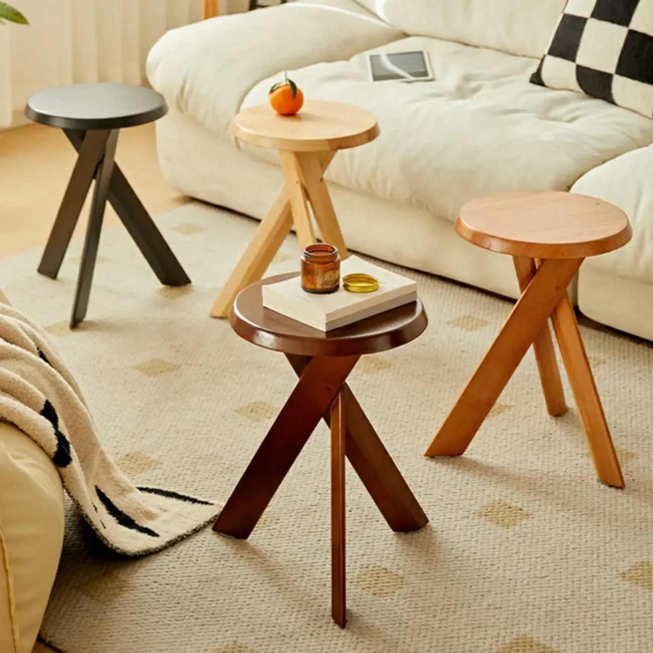Modern Round Wood Side Table with Cross Legs Image - 2