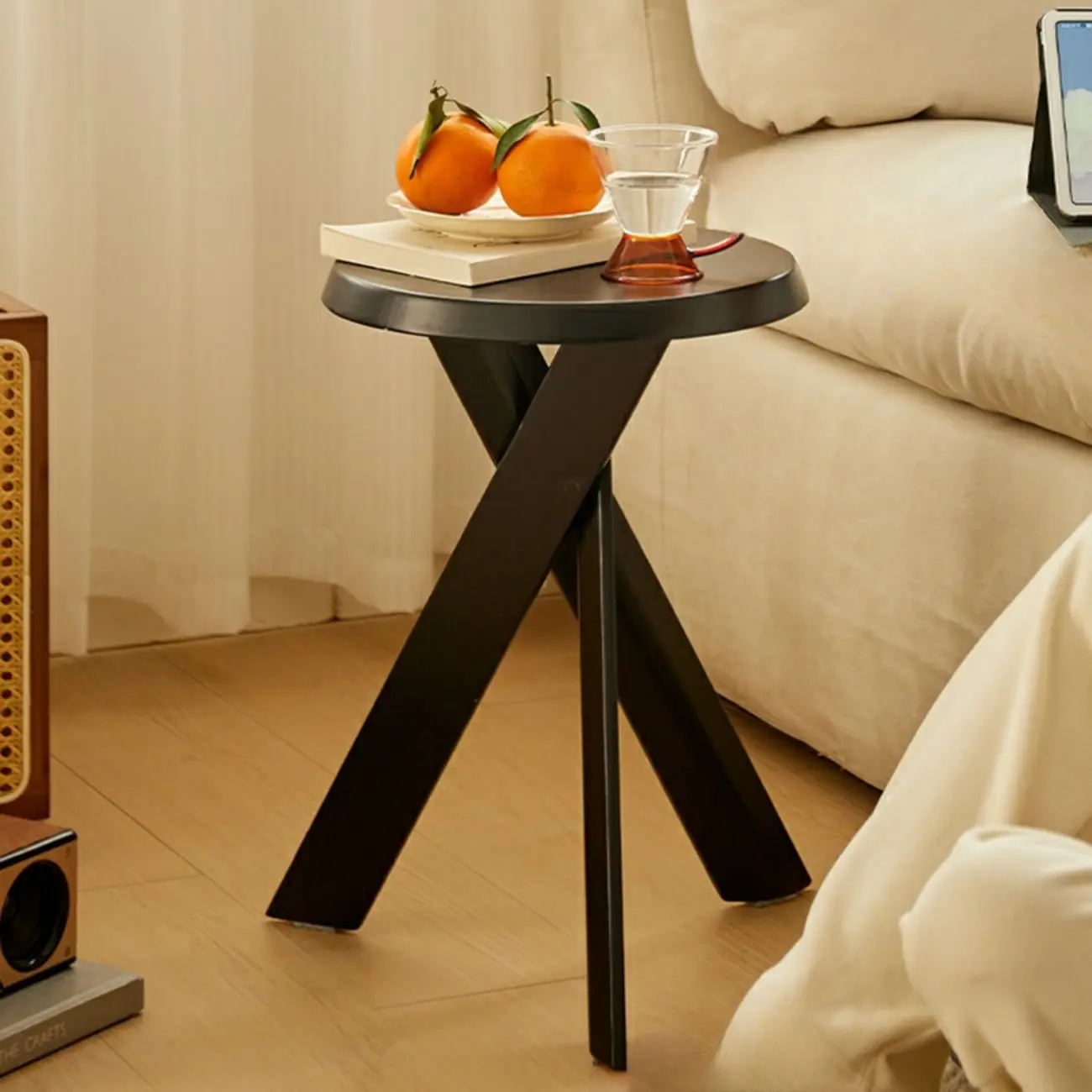 Modern Round Wood Side Table with Cross Legs Image - 6 | homeyfad