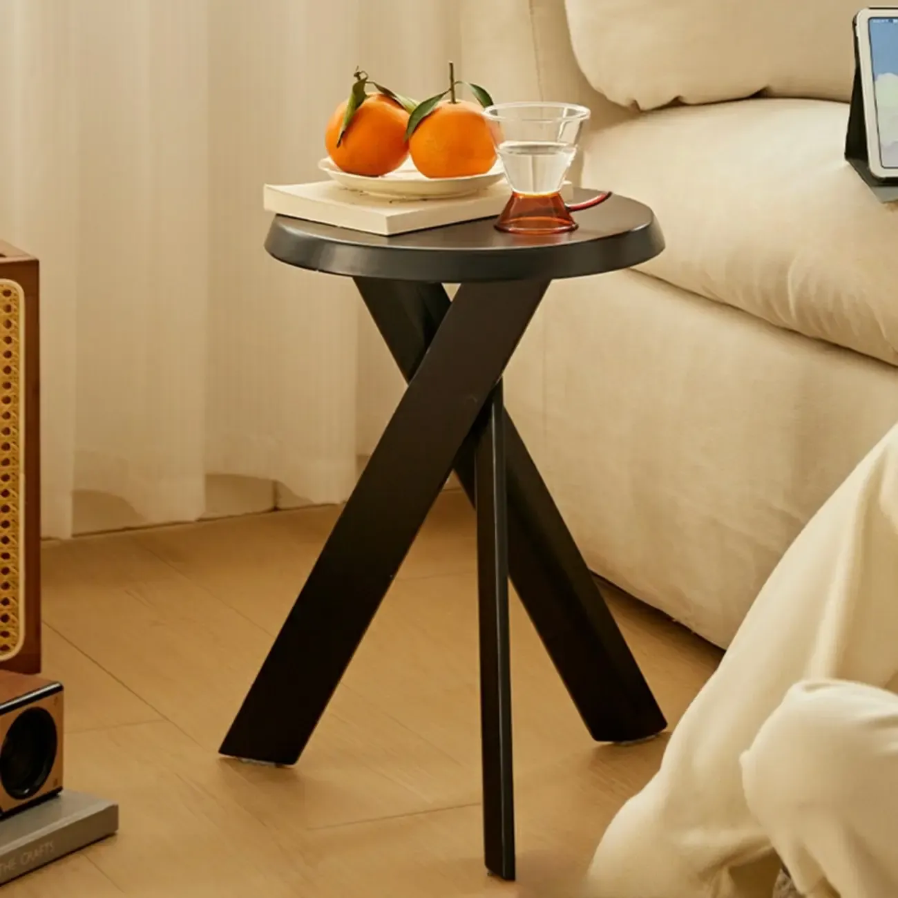 Modern Round Wood Side Table with Cross Legs Image - 6