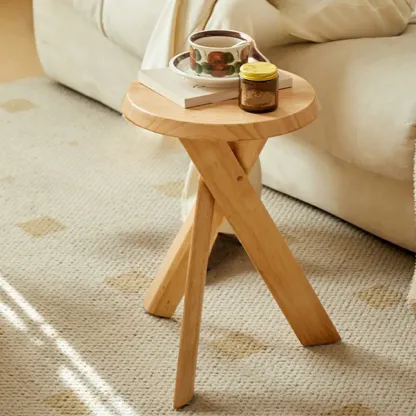 Modern Round Wood Side Table with Cross Legs Image - 7