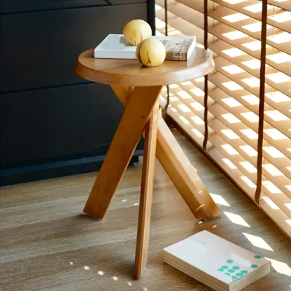 Modern Round Wood Side Table with Cross Legs Image - 9